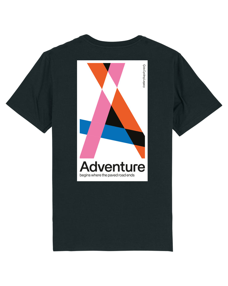 Adventure begins where the paved road ends unisex cycling T-shirt (black)