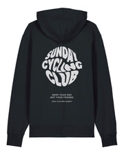 Black hoodie with 'Sunday Cycling Club' text on the back against a white background